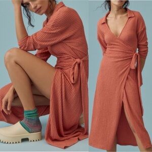 Anthropologie Waffle Wrap Midi Dress Orange Size S